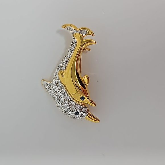Dolphin Mother and Child Brooch Pin Rhinestones Gold Tone - Picture 8 of 9
